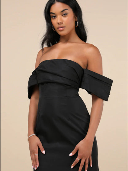 black off-the-shoulder mini dress