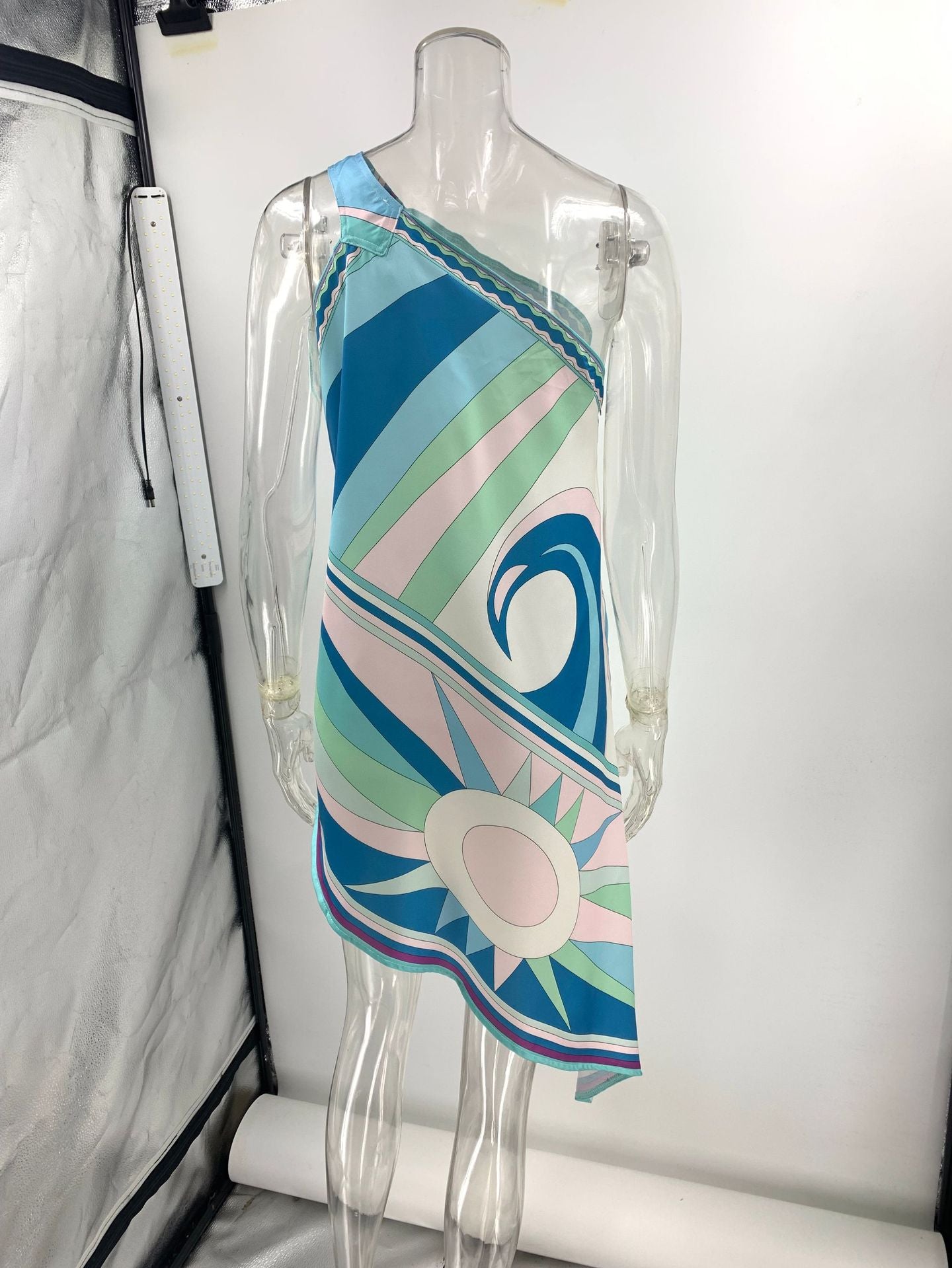 Printed Satin One-Shoulder Irregular Dress