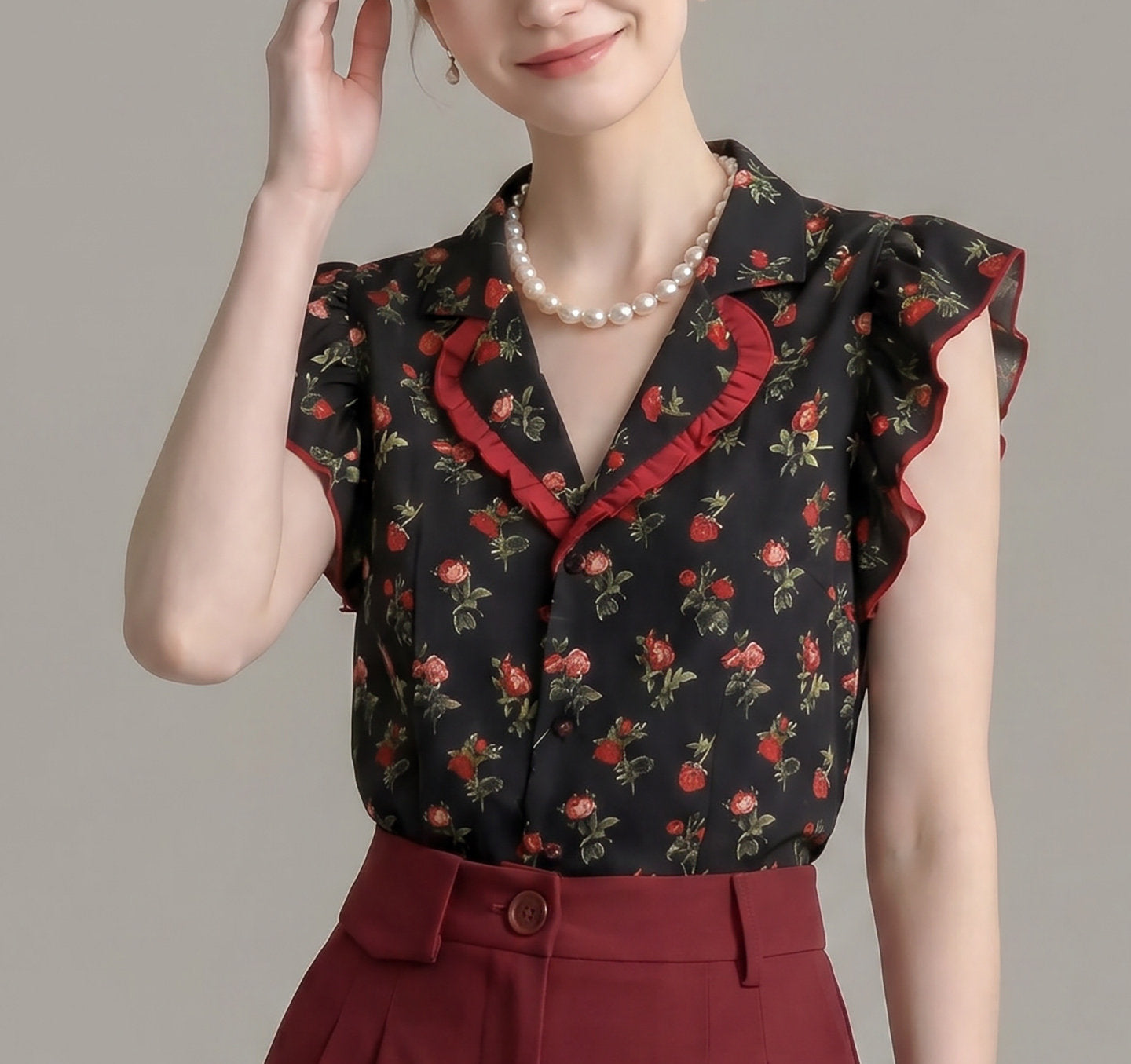Red Rose Floral Ruffle Trim Sleeveless Shirt