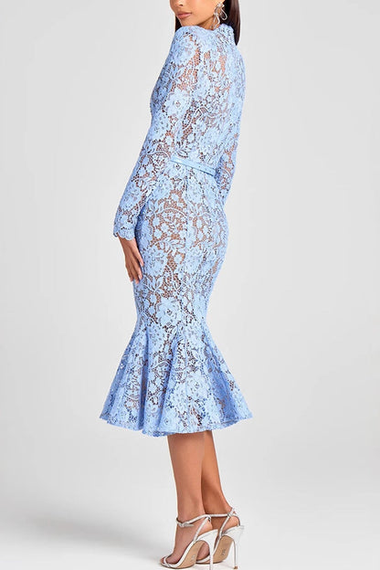 blue Lace Cut-Through Lace Cut-Out Belt Long Sleeve Mermaid Dress