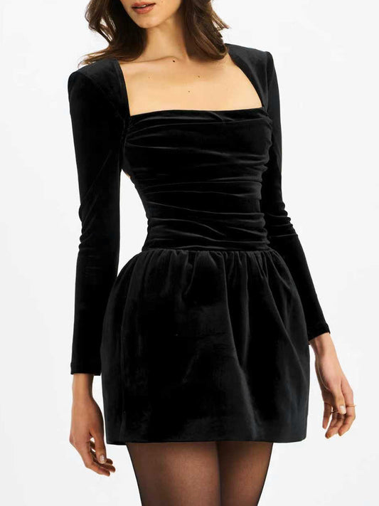 black velvet long-sleeved square neck dress
