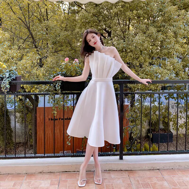 Dolores Ruffled Hem Strapless One-Shoulder Full midi Dress