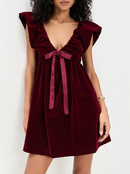 red V-neck bow gold velvet dress