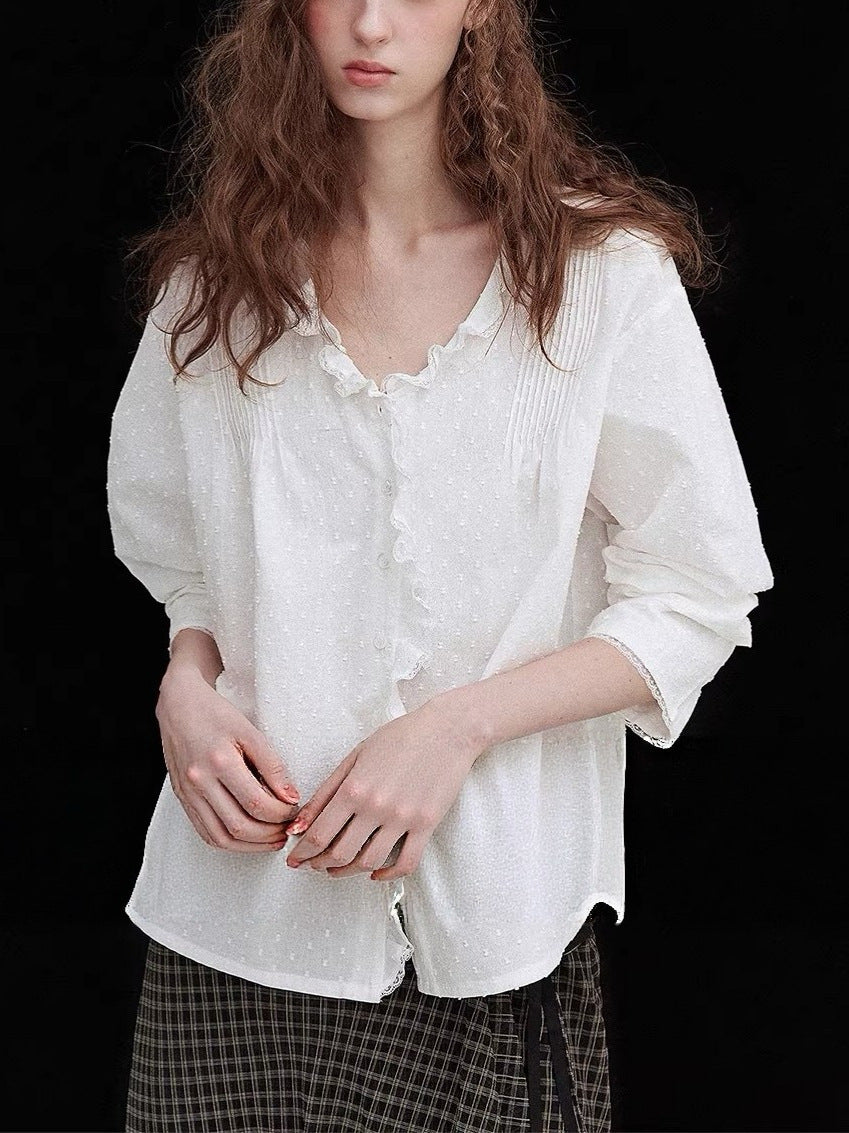 Ruffled lace trim deep V-neck shirt