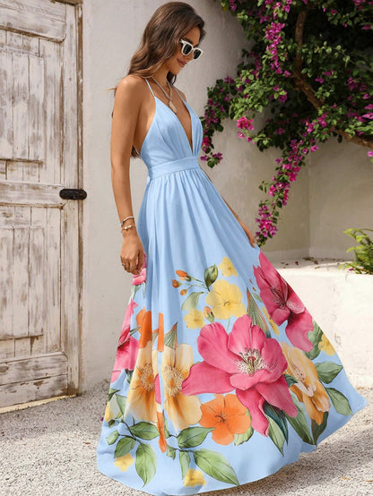 suspender deep V-neck print cross-strap open back dress