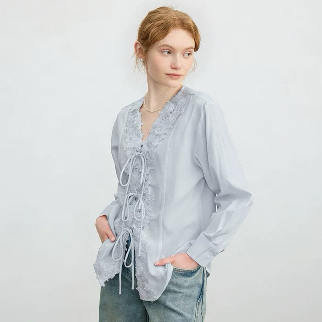 French V-neck tie-up lace embroidered jacquard shirt