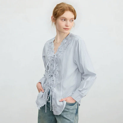 French V-neck tie-up lace embroidered jacquard shirt