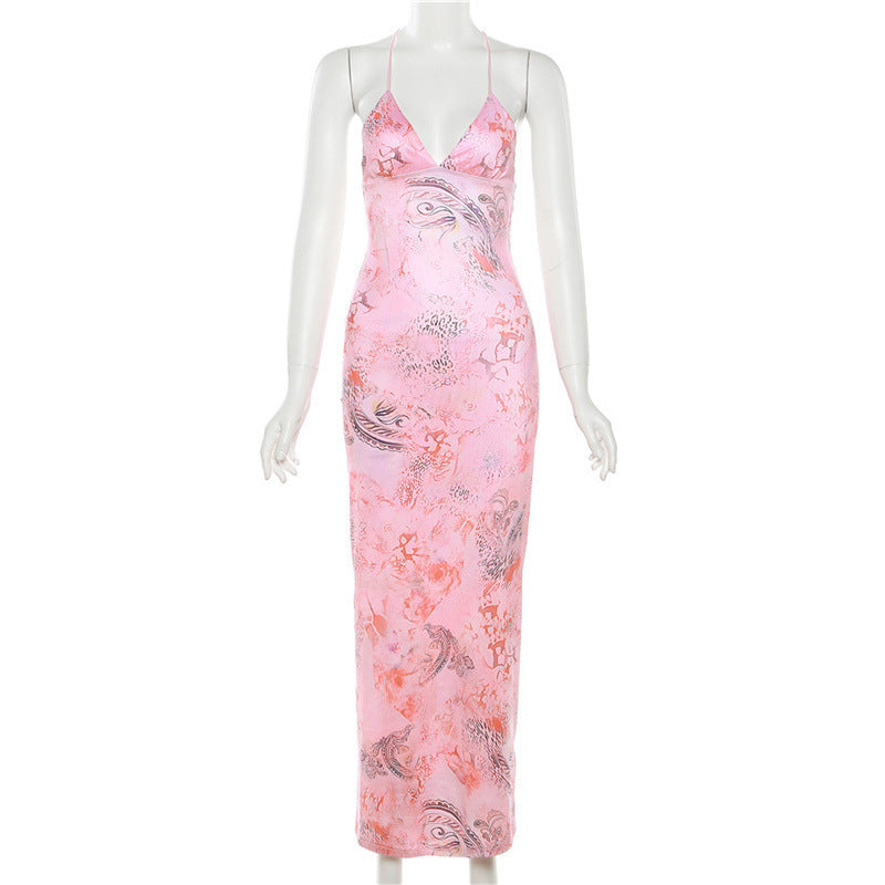 Printed Strappy Butterfly Backless Plunge Sheath Slip Maxi Dress