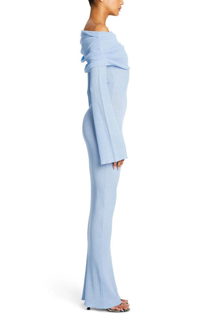 blue Long-sleeved off-the-shoulder pleated knit dress
