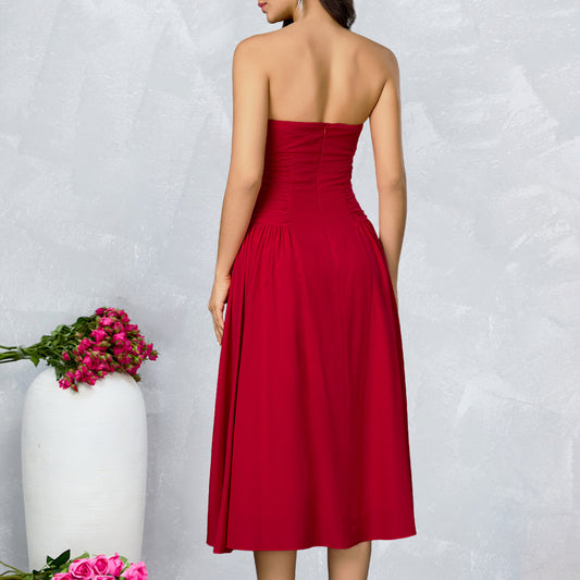 red bandeau backless  A-line mid dress