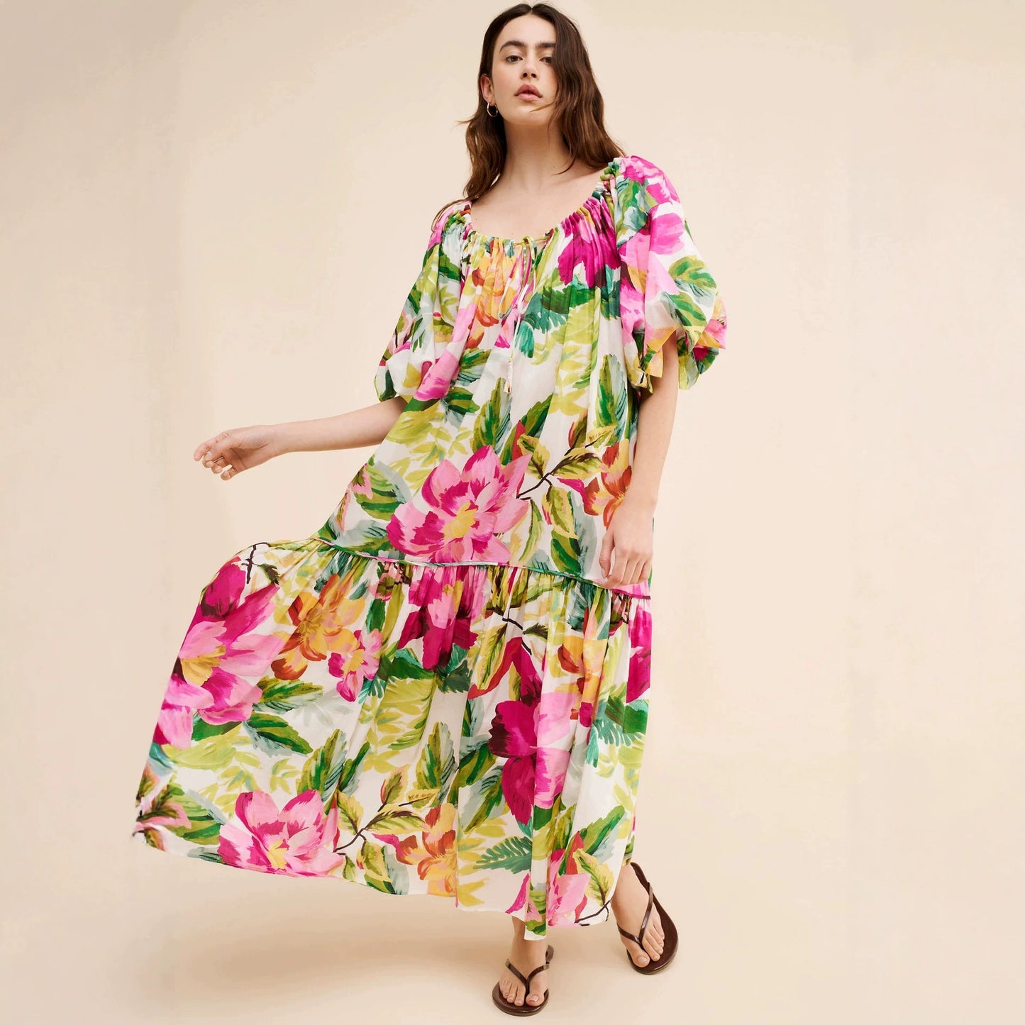 Floral print square neck puff sleeve maxi dress