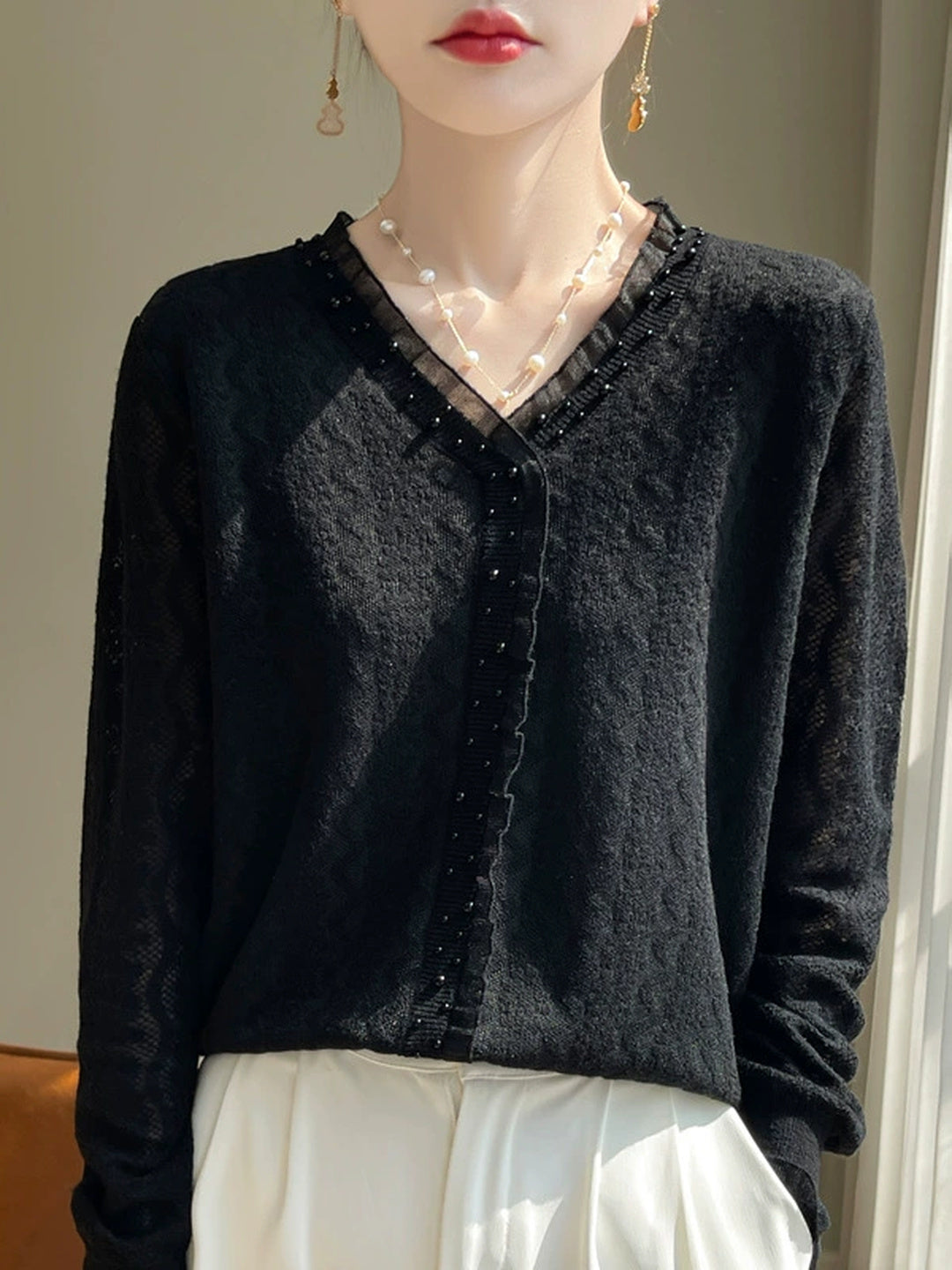 Wool-blend Lace V-neck Knit Top