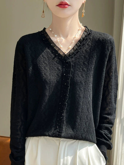 Wool-blend Lace V-neck Knit Top