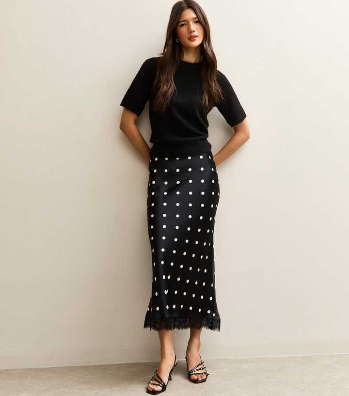 black polka dot lace patchwork midi skirt