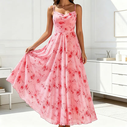 Swing Collar Strap Printed Chiffon Large Hem Waist-Cinching Dress