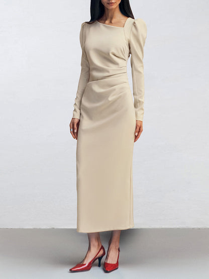 Irregular neckline puff sleeve bodycon slit dress