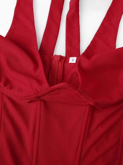 red halterneck herringbone backless cropped top