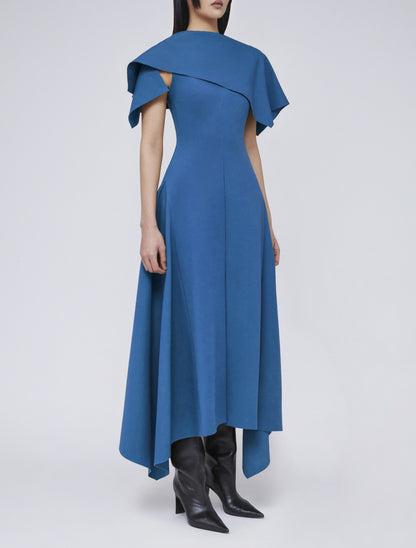 blue blocking slit waist dress