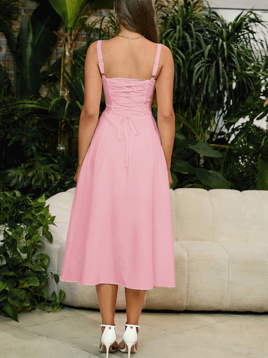 pink herringbone slip slit backless chest tie long dress