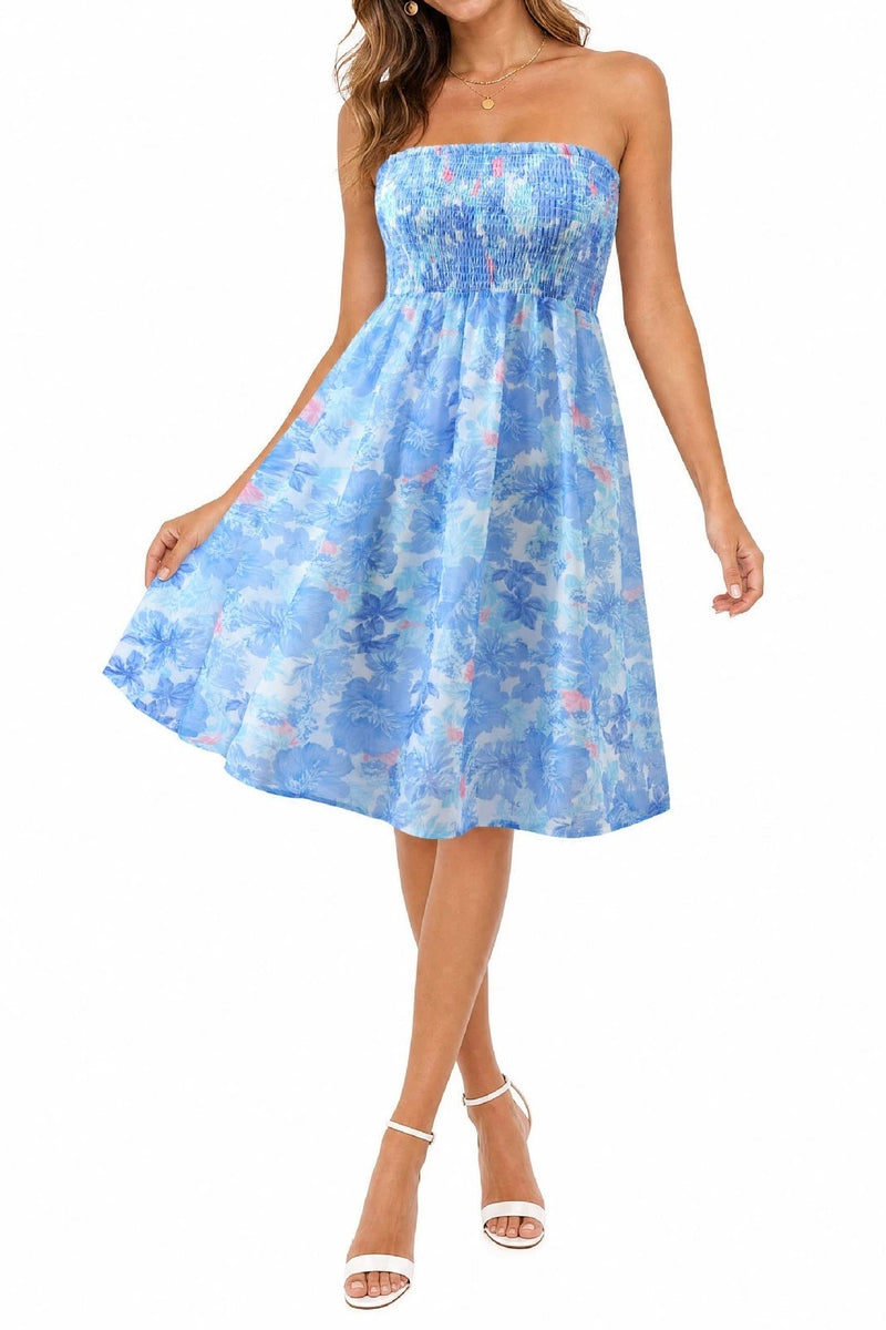Beach-print strapless midi dress in blue
