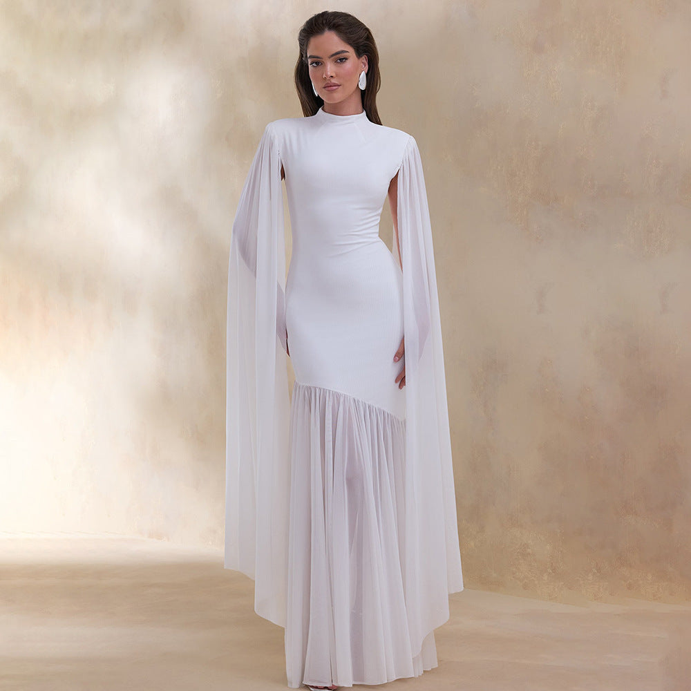 white mesh streamer maxi dress