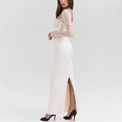 Bodycon lace long-sleeved slim-fit maxi dress - white