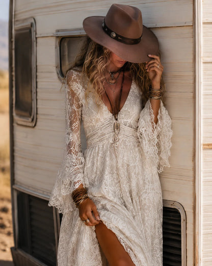 V-neck High Waist Lace Flared Long Sleeve Dress