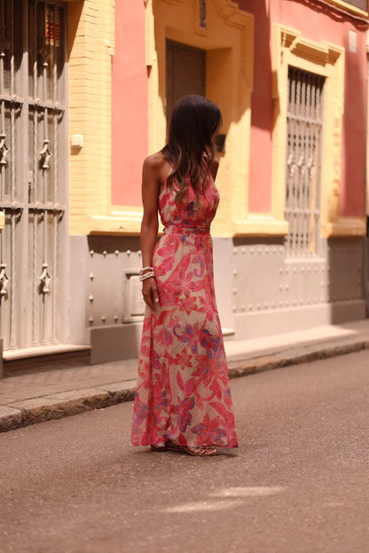 Printed Wrap-Style halter Ruched Maxi Dress - Red