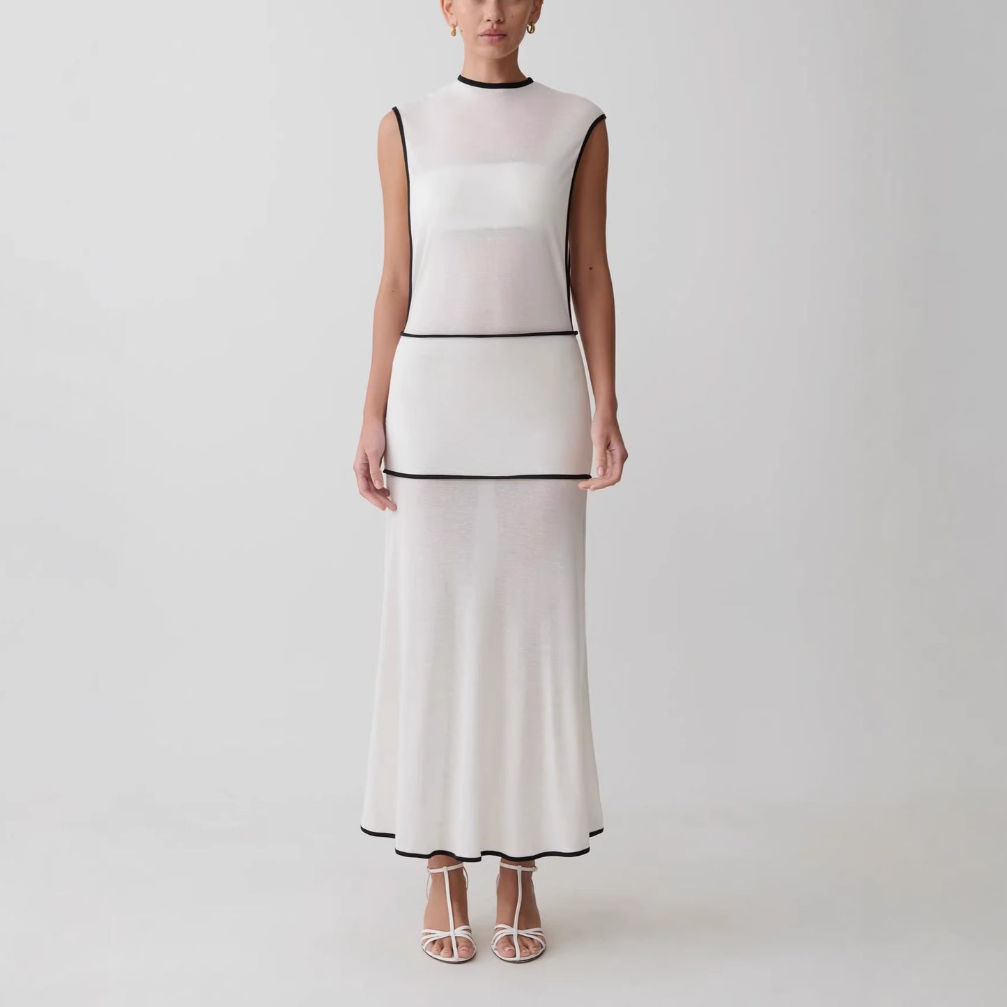 white splicing contrast cut-through knitted dress