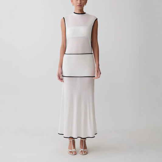 white splicing contrast cut-through knitted dress