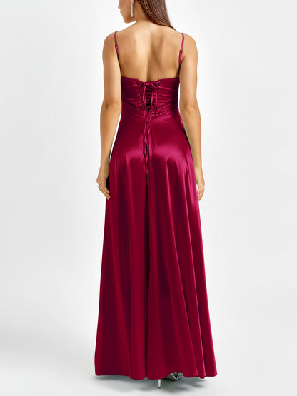 red matte satin backless slip dress