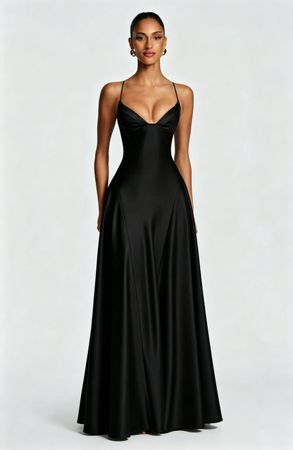 black Spaghetti Deep V Large Swing maxi Dress