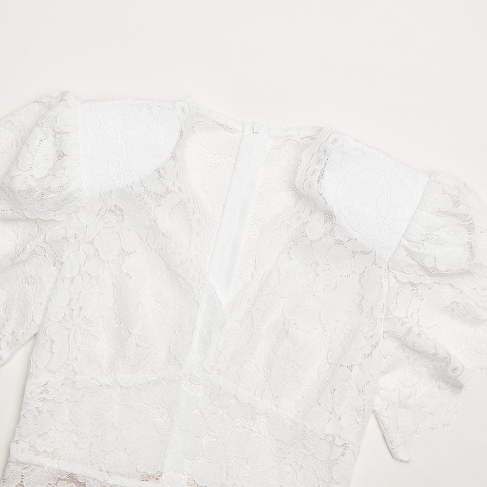White Floral Lace Midi Dress Premium Fabric - product view 13