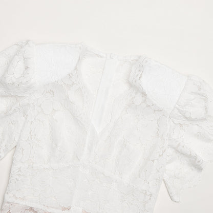 White Floral Lace Midi Dress Premium Fabric - product view 13
