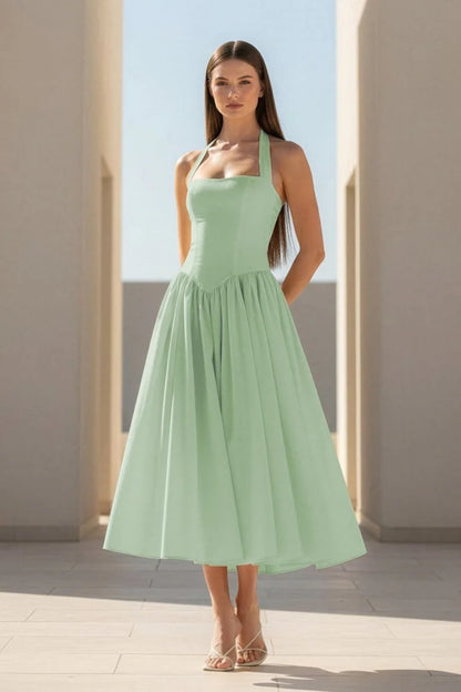 mint green Halter Strappy Backless midi Dress