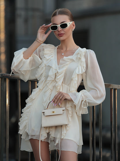 v-neck Ruffled tulle mini dress - apricot