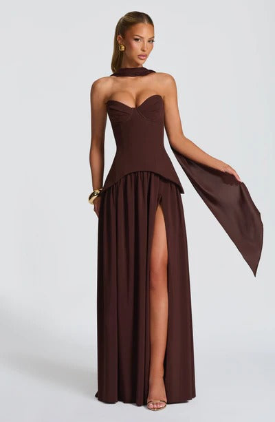 brown gauze fishbone bandeau maxi dress