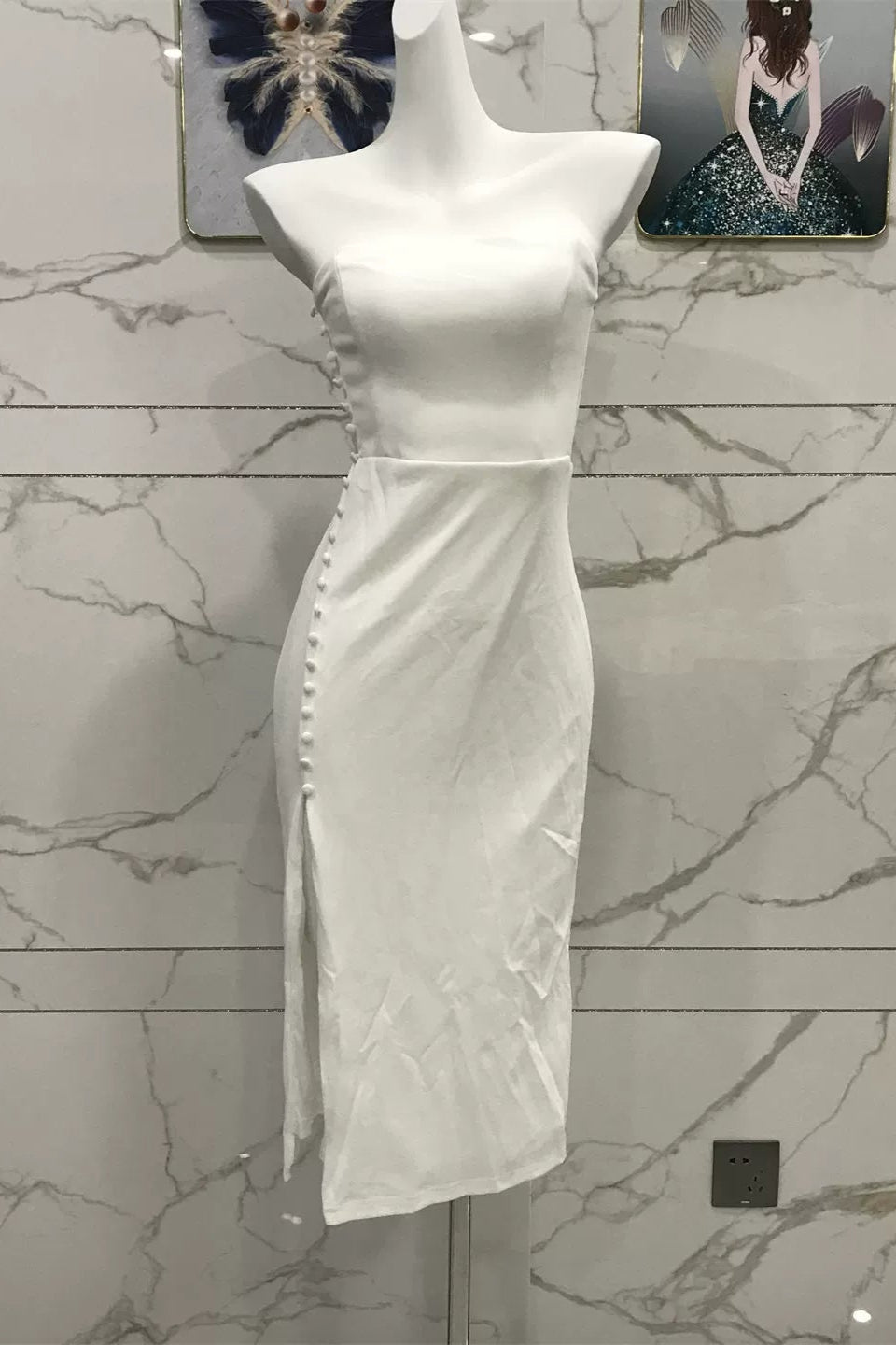 white bandeau hollow slit dress
