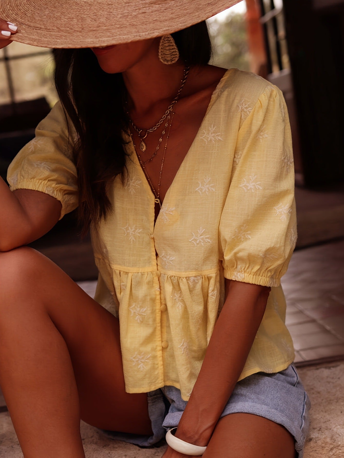 Lana yellow Short-Sleeve V-neck Shirt
