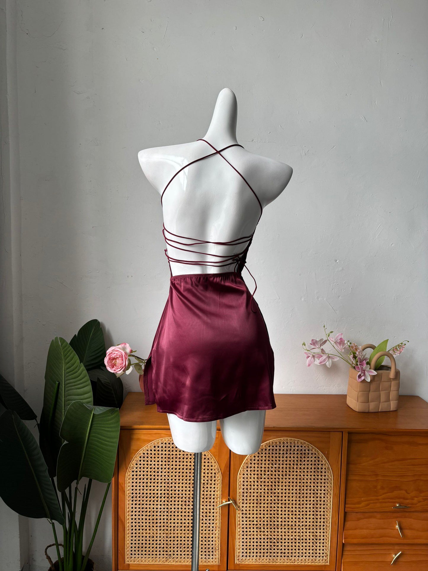 wine red satin suspender mini dress