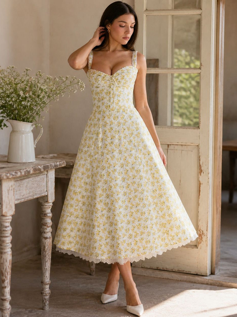 yellow floral lace suspender maxi dress