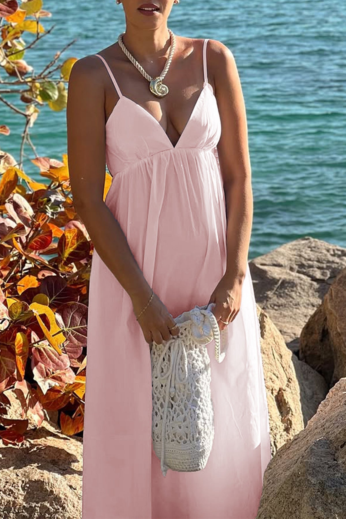 pink suspender deep V high-waisted loose dress