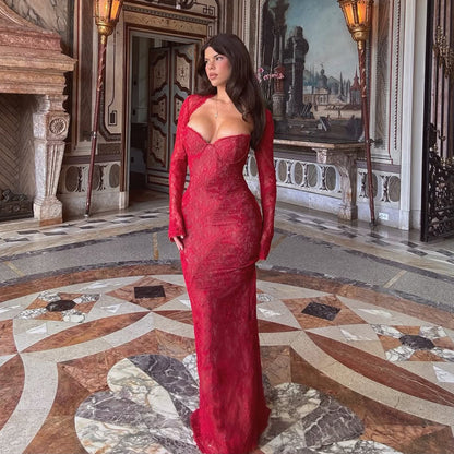 red lace see-through shawl long sleeve top bandeau mermaid skirt set