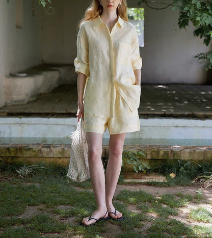 White linen oversized shirt and shorts set