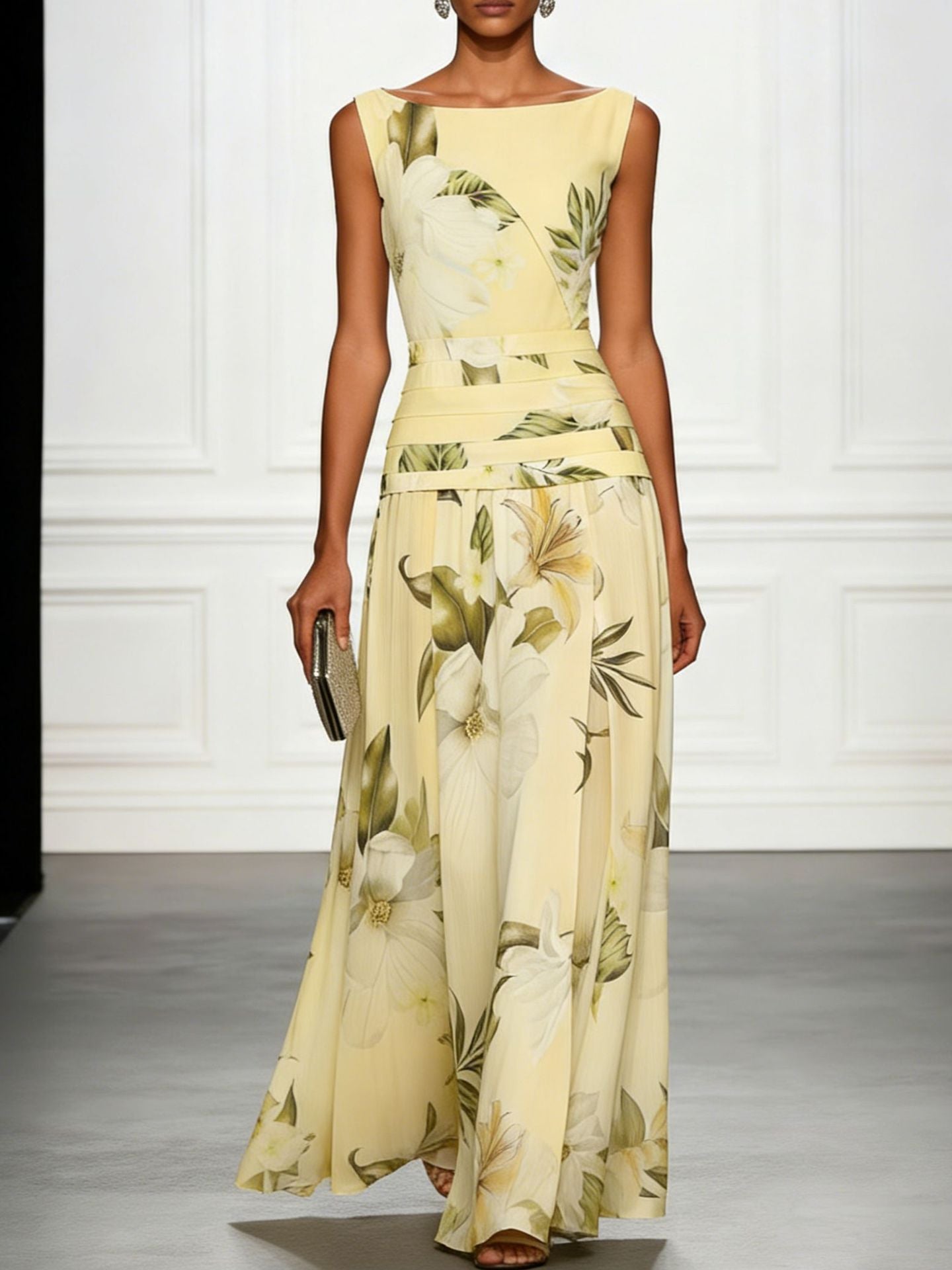 Floral Print Ruched Sleeveless A-Line Maxi Dress