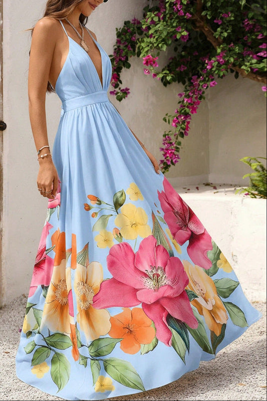 Light Blue Bottom Large Floral Print Spaghetti Strap Deep V Maxi Dress