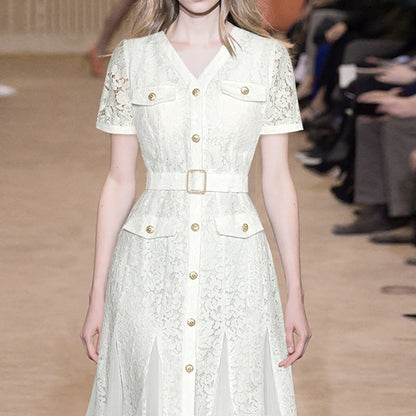 White Lace V-Neck Belted Midi Dress with Tulle Panels
