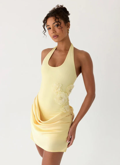 yellow flower halterneck hip pleated mini dress