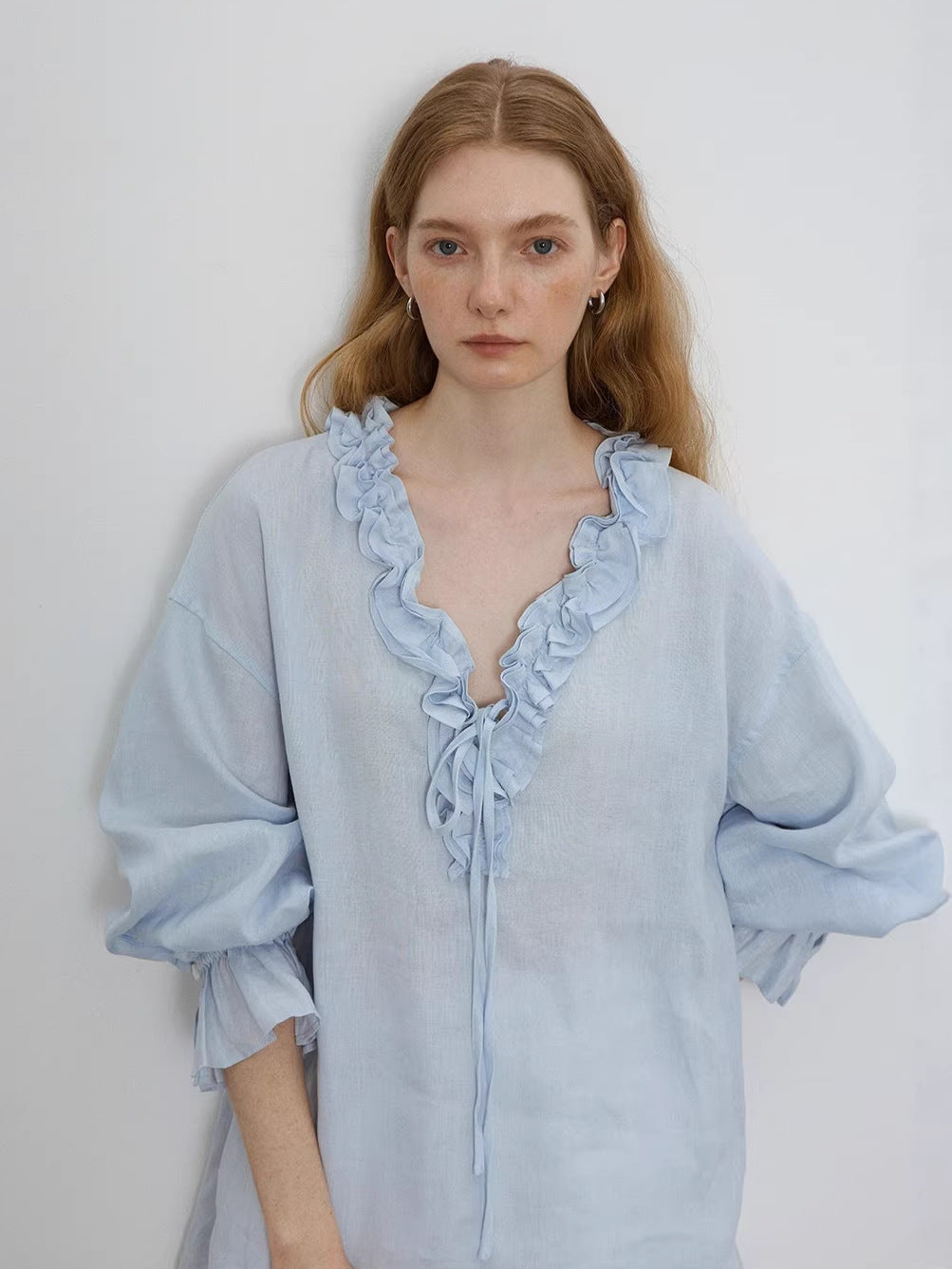 blue V-Neck Tie Shirt