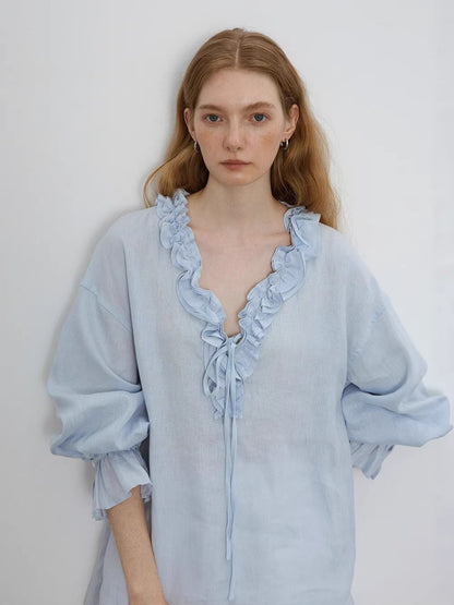 blue V-Neck Tie Shirt